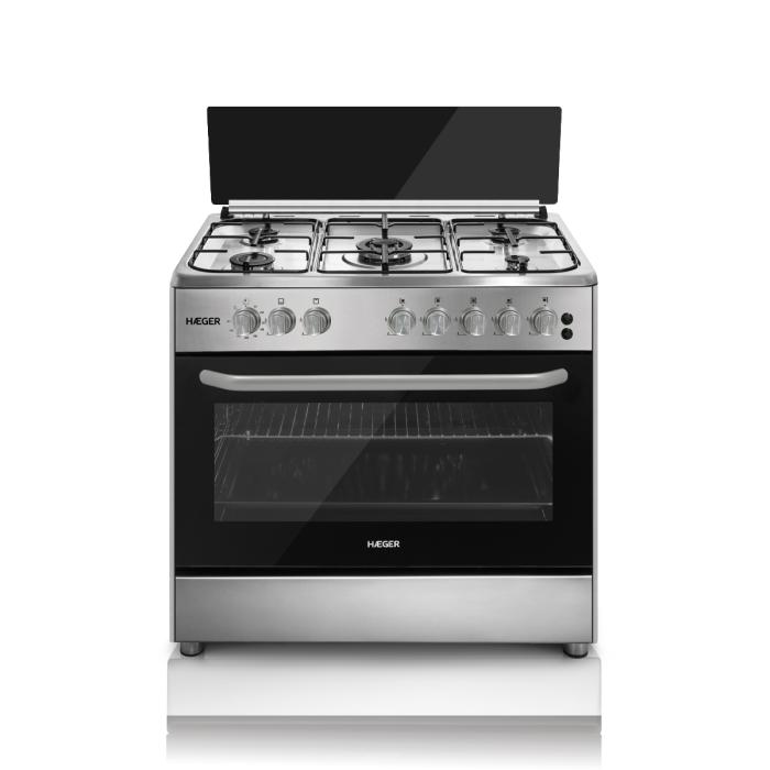 Cocina de Gas con Horno Eléctrico HAEGER 90×60 - 112 L, 4 Zonas, 1 Wok, Convección, Acero Inoxidable